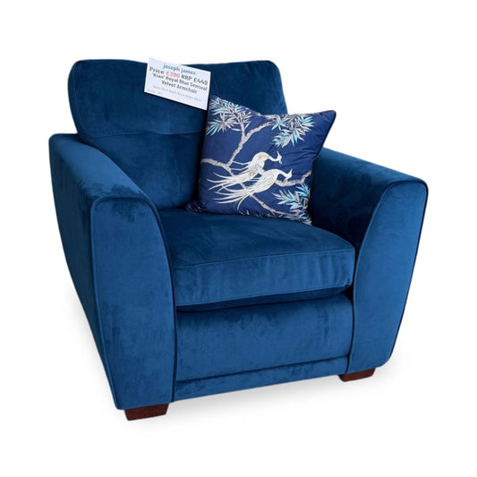 Full View Furniture Village ‘Kian’ contemporary accent armchair, beautifully tailored in luxurious royal blue sensual velvet upholstery.