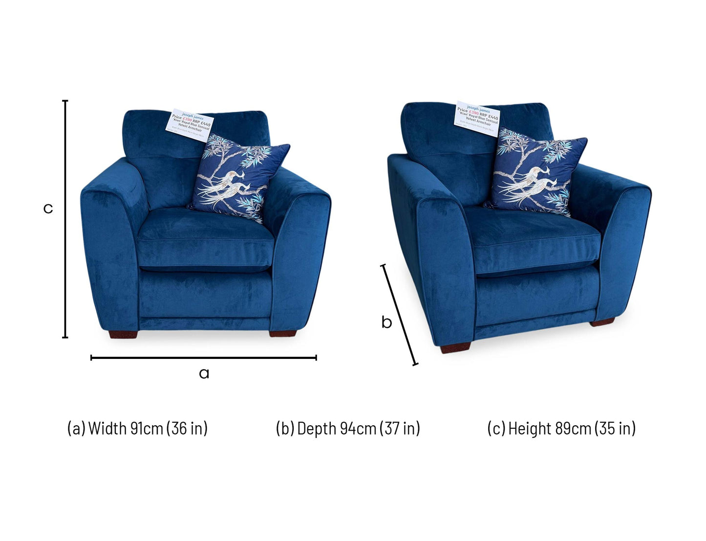 living room layout footprint schematic for the Furniture Village ‘Kian’ Royal Blue Sensual Velvet Armchair.