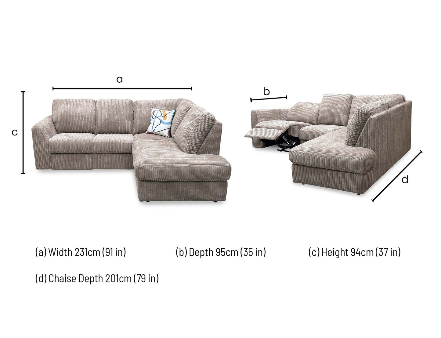'Heydon' Mocha Cord Fabric Left Hand Facing Arm Open End Corner Power Recliner