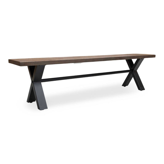 Full view of a large Mars dining bench featuring a thick 180cm dark oak wood top and industrial black metal U-shaped legs.