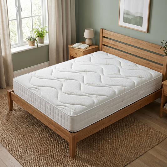 Bed room of the textured fabric and tufting, emphasizing the orthopaedic support surface of this Sleep Story mattress.