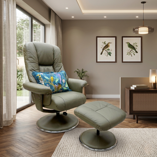 'Troyes' Olive Leather Look High-Back 360 Swivel Chair and Footstool