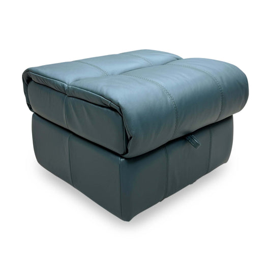 Full view of the Lake Green leather footstool, showcasing the rich color and modern, low-profile aesthetic.