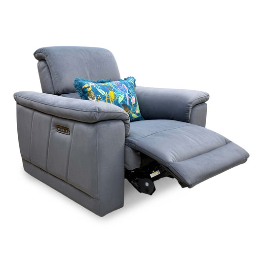 Full view of the Genius 'Bella' power recliner chair upholstered in Iron Grey velvet with a modern high-back design.