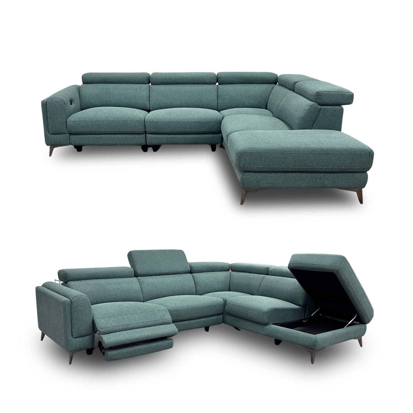 ‘Cordova’ Green Fabric Power Recliner Right Hand Chaise Corner Sofa with Adjustable Headrests