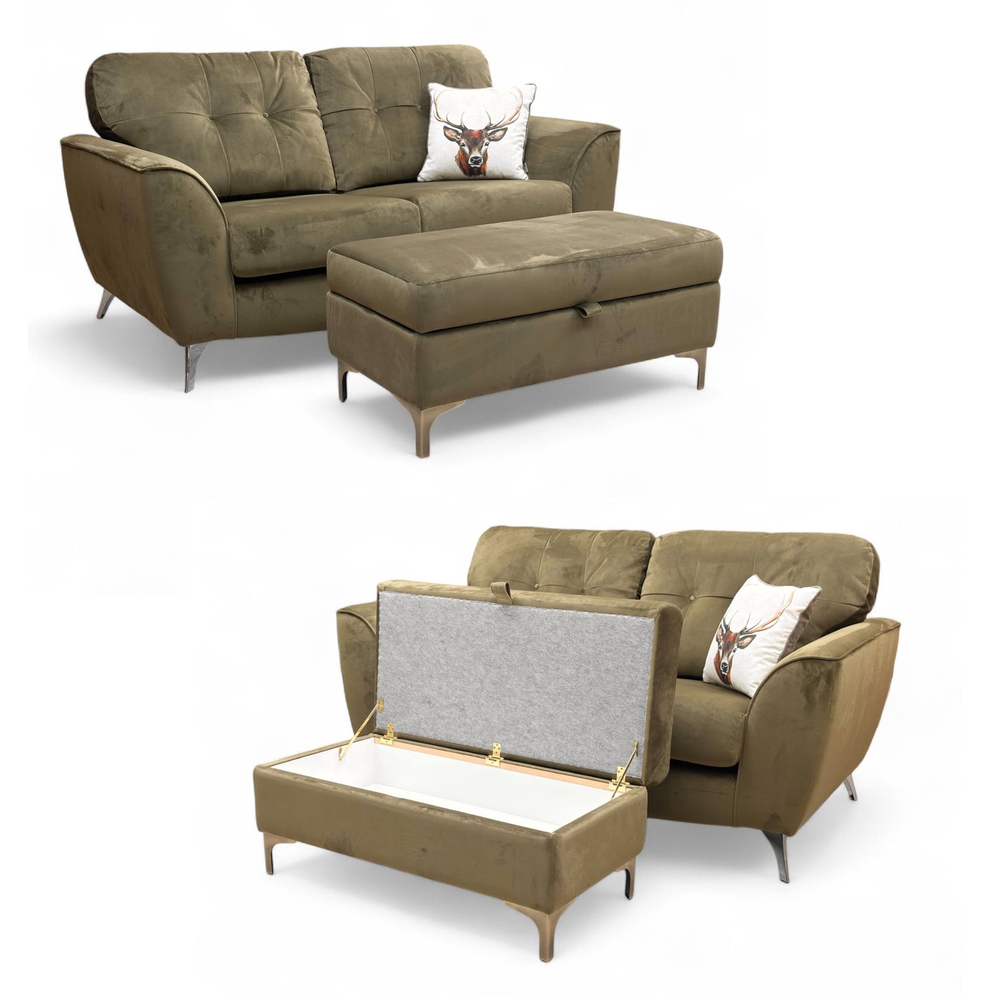 ‘Dawson’ Khaki Dawson Velvet 2 Seater Sofa + ‘Ava’ Khaki Ava Velvet Storage Footstool