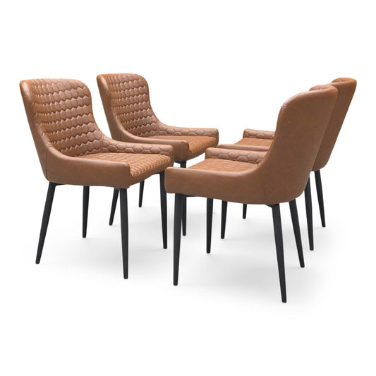 Full view of a set of five 'Osaka' fixed dining chairs upholstered in vintage tan brown faux leather with black tapered metal legs.