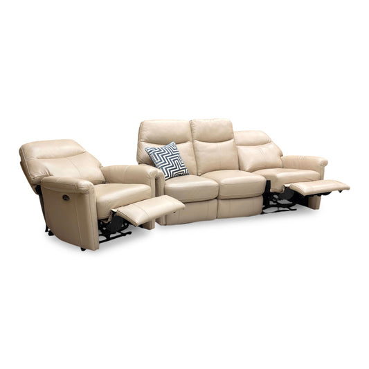 Full view of the 3-seater Lille sofa, showcasing the Bisque leather finish, padded armrests, and power reclining buttons.