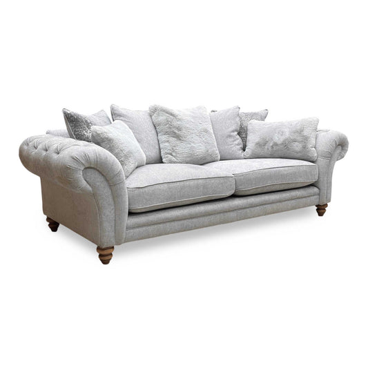 Full view of the Blenheim 4-seater scatter back sofa in Darwin Silver fabric, featuring a contemporary design and spacious seating.