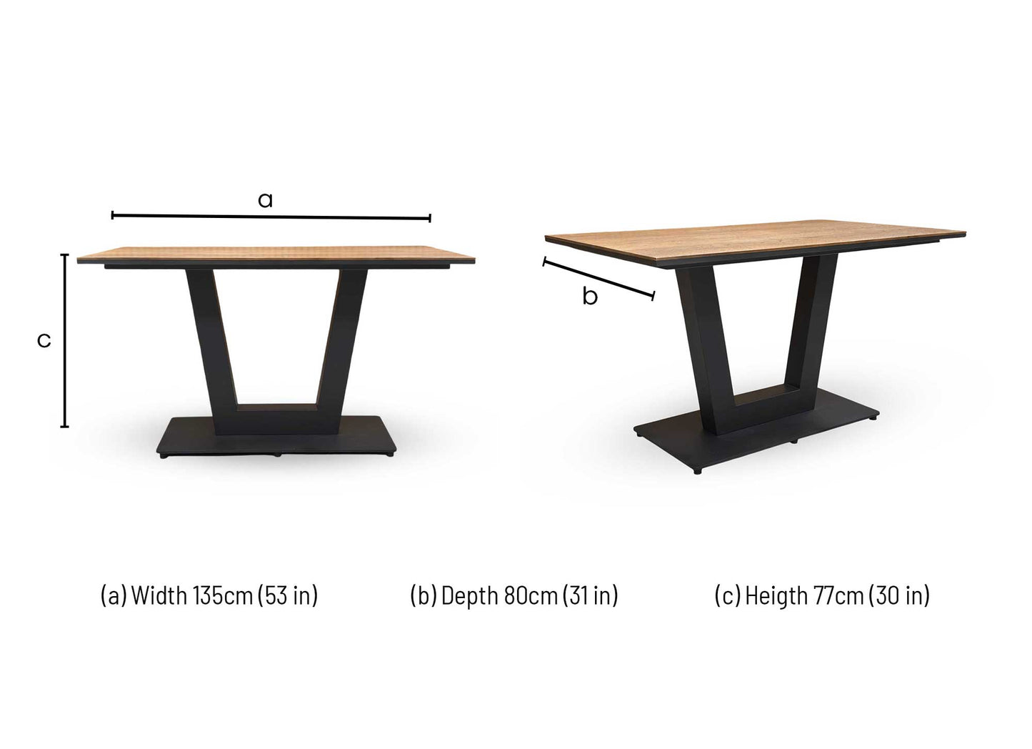 Dimensions diagram for the Venus dining table.