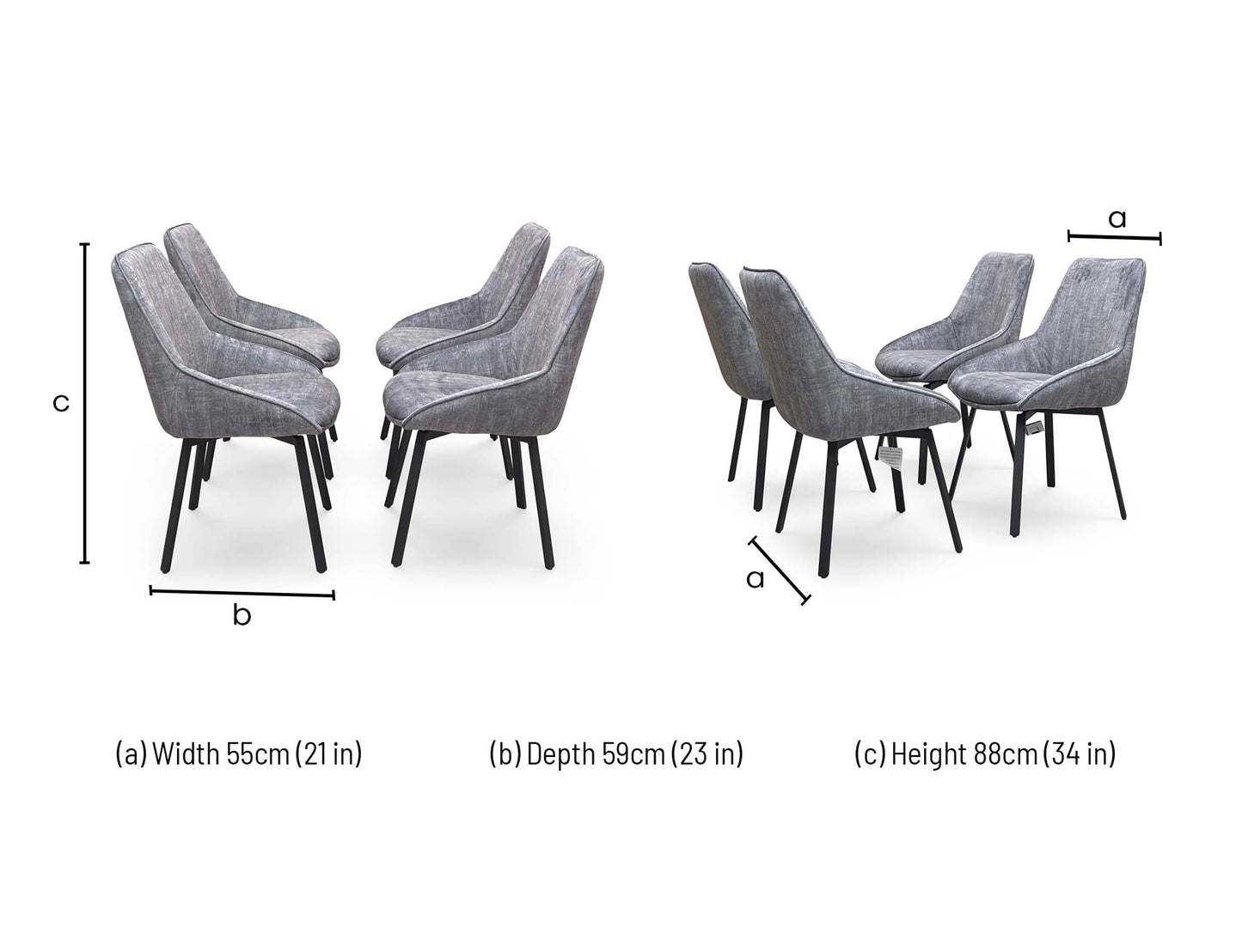 Dimensions diagram for the Veja Grey Velvet Swivel Dining Chair.