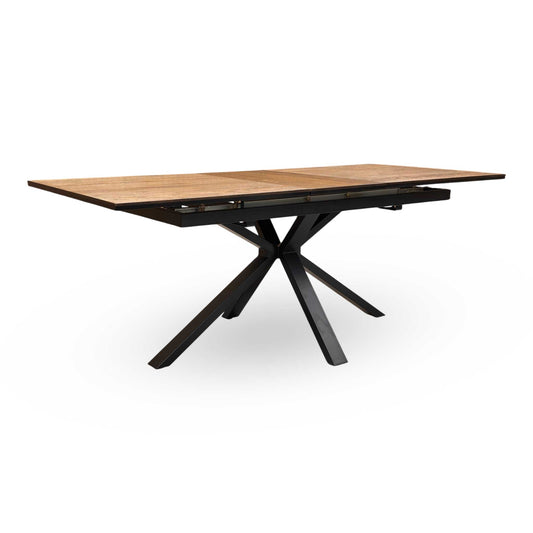 Full view of the 160cm rectangular dining table, highlighting the characterful wire-brushed oak veneer surface and modern lacquered finish.