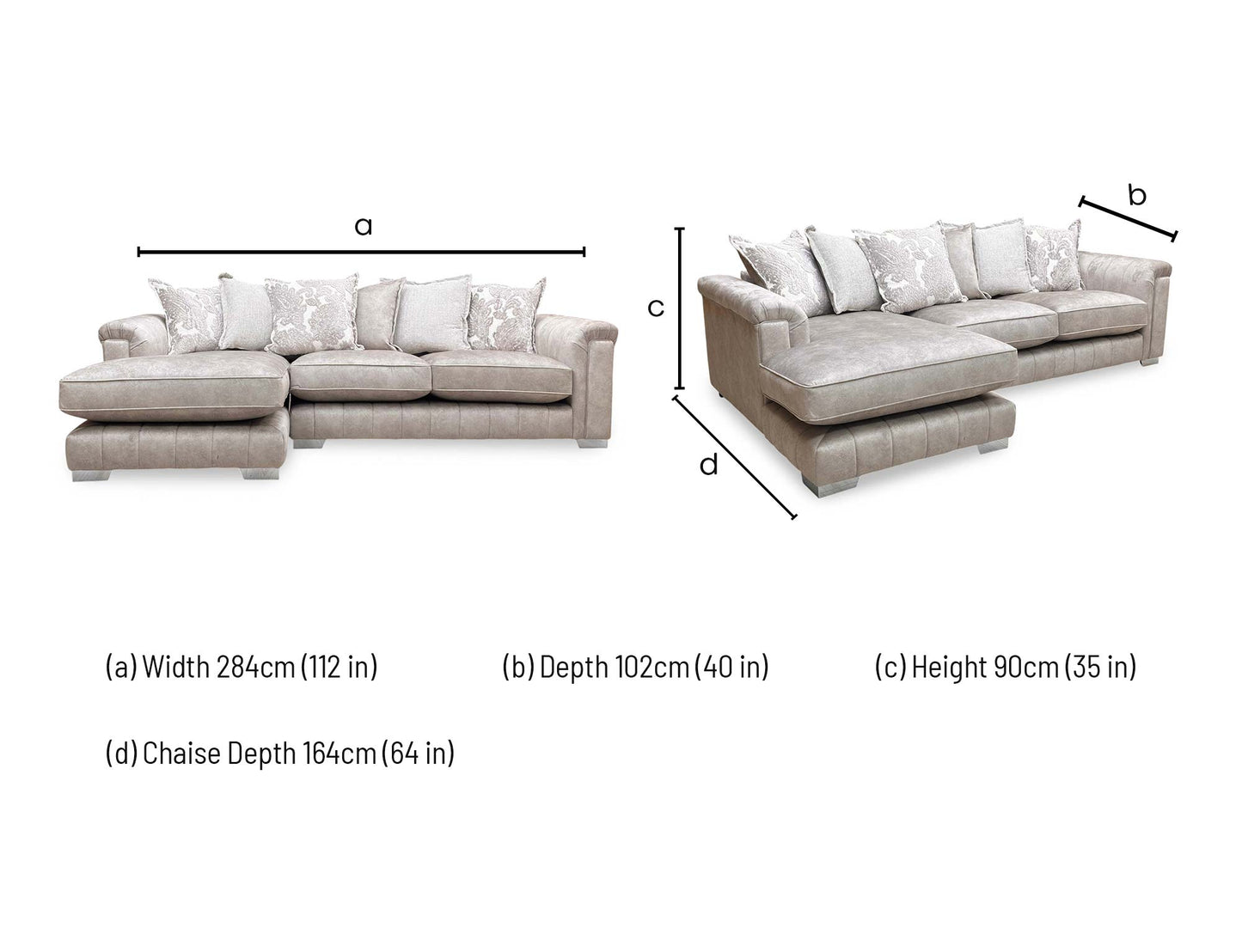 Dimensions diagram for the Dolcie 3 seat chaise sofa.