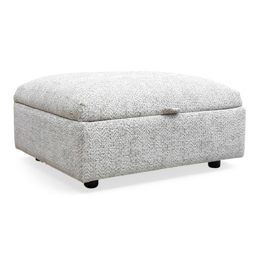 Full view of the Parker Knoll Hudson Storage Stool in Ida Stone fabric, featuring a clean rectangular design with a plush hinged lid and traditional mahogany-finished feet.