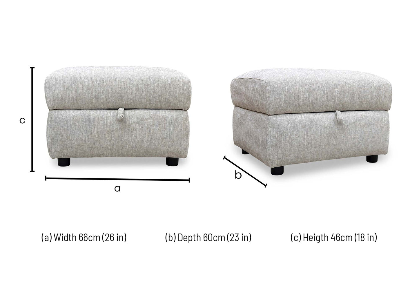 Technical dimension diagram for the ‘Hetty’ Grey Fabric Storage Footstool: Width 60cm, Depth 50cm, Height 43cm.