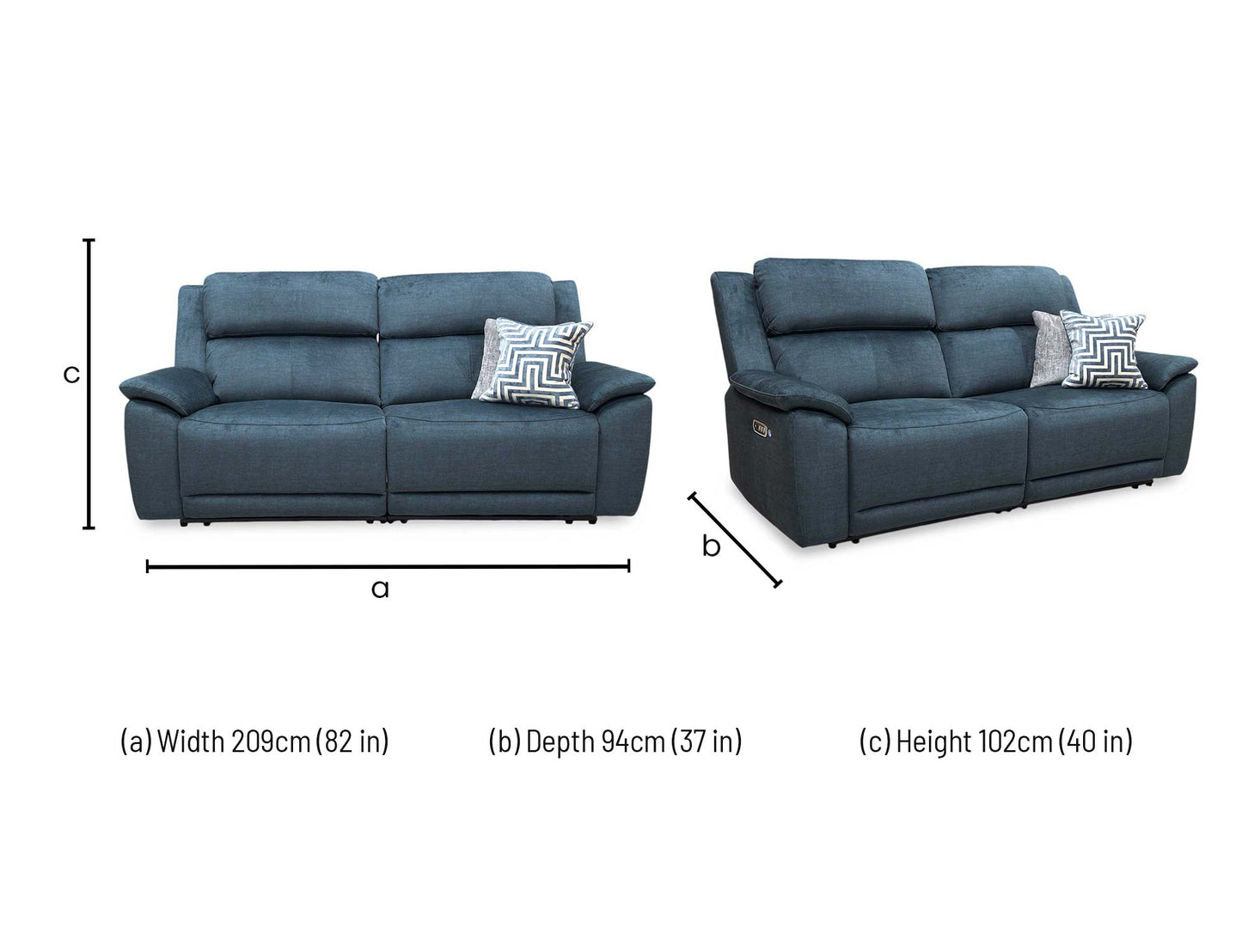 'Utah' Giula Dark Blue Velvet 3 Seater Power Recliner Sofa with Power Headrests Power Lumbar and Heated Seats