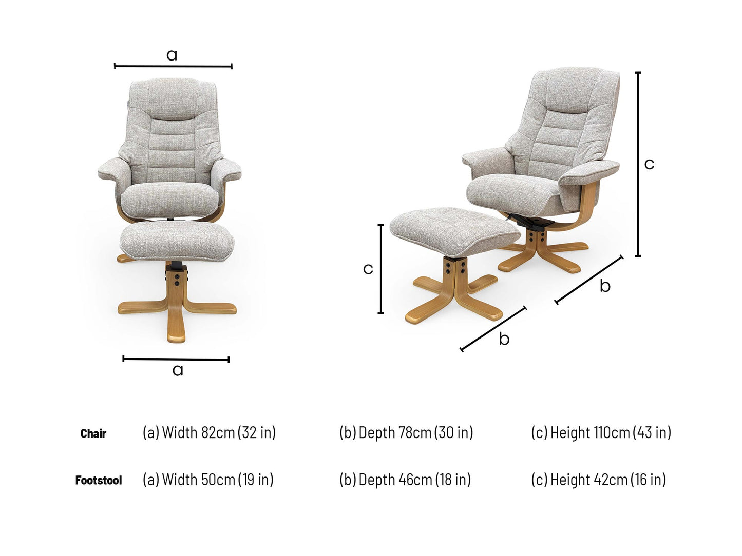 Technical dimension diagram for the Riga Chacha Oat Swivel Chair and Footstool, providing width, depth, and height measurements.