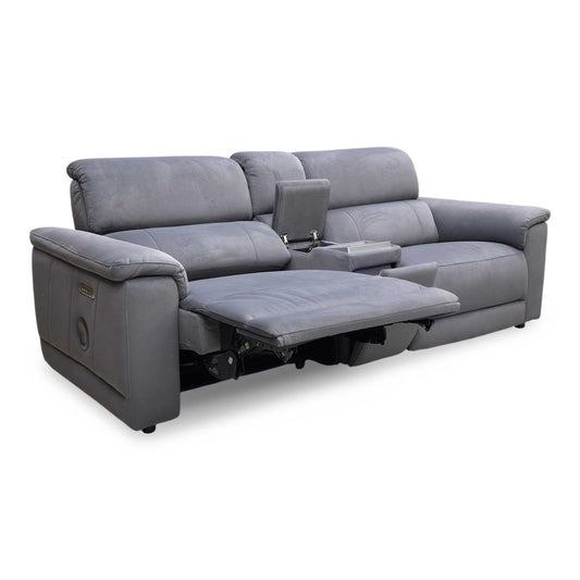 Full View ‘Genius’ smart 3-seater power recliner media sofa, beautifully upholstered in high-performance Bella Iron Grey fabric with advanced power headrests, power lumbar support, and heated seats.
