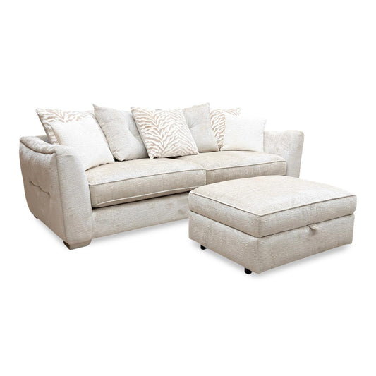 ‘Boujee’ Lustro Dove Ct Fabric 4 Seater Split Frame Scatter Back Sofa + Storage Footstool