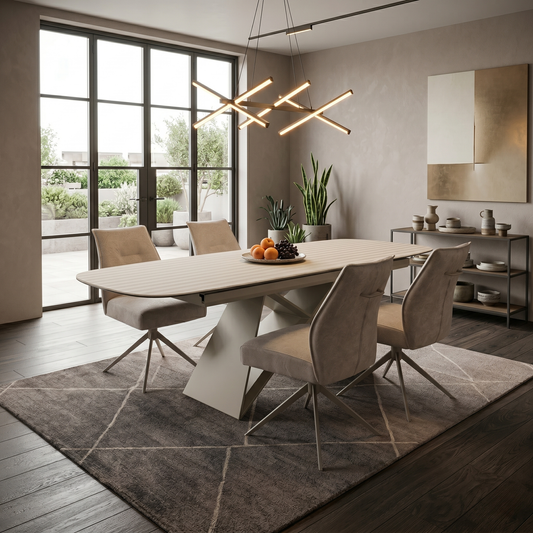 ‘Mirage’ Ceramic Top 180cm Large Pop Up Extending Dining Table & Neutral Fabric Swivel Dining Armless Chairs - Set of 4