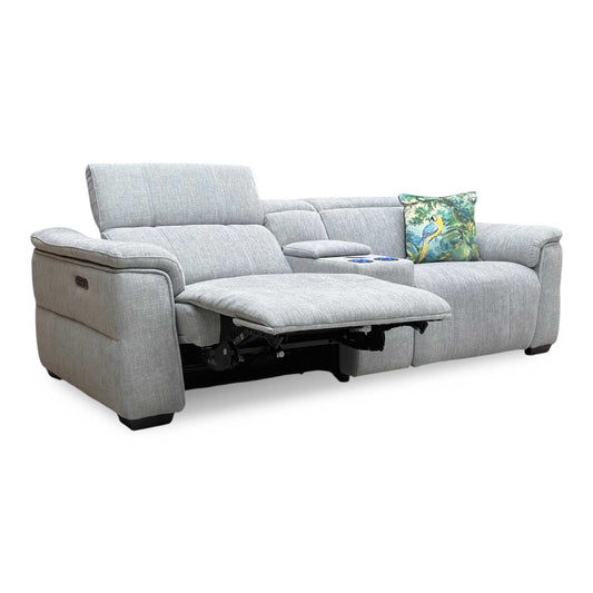 ‘Inca’ Anivia Light Grey Woven Fabric 3 Seater Power Recliner Sofa with Pop Up Light Console and Power Headrests