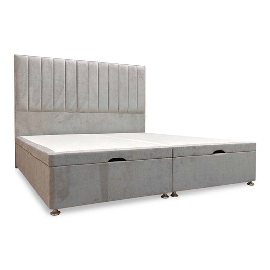 'Pluto' Milan Nickel Velvet Floor Standing Headboard + End Lift Ottoman Divan Base - Super King