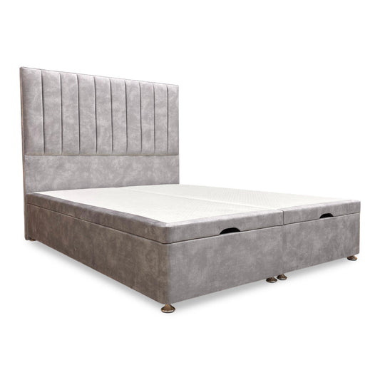 'Pluto' Lace Dolphin Velvet Floor Standing Headboard + End Lift Ottoman Divan Base - King