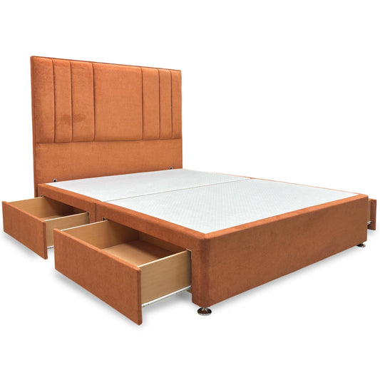 Brown upholstered bed with storage drawers on a white background