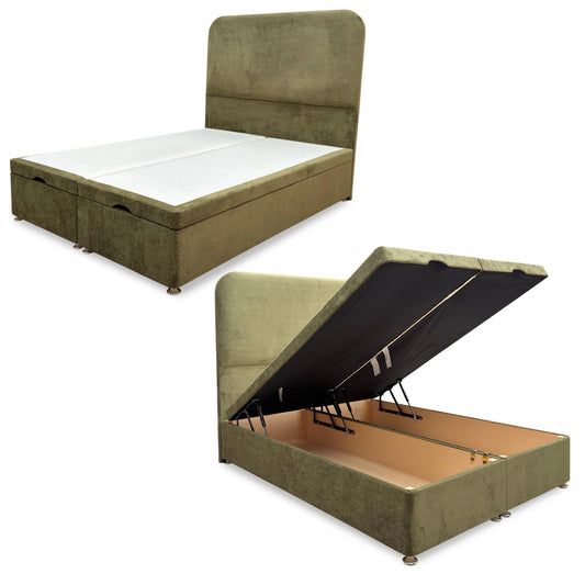 ‘Hamilton’ Milan Khaki Velvet Floor Standing Headboard + End Lift Ottoman Divan Base - Double