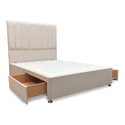 ‘Luna’ Orkney Oat Fabric Floor Standing Headboard + 2 Draw Divan Base - Double