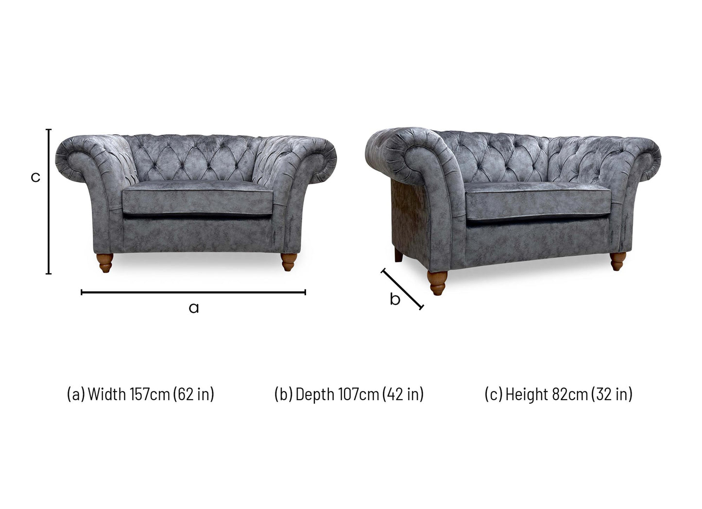 Technical dimension diagram for the Gosford Charcoal Grey Velvet Snuggler Chair, providing the width, depth, and height measurements.