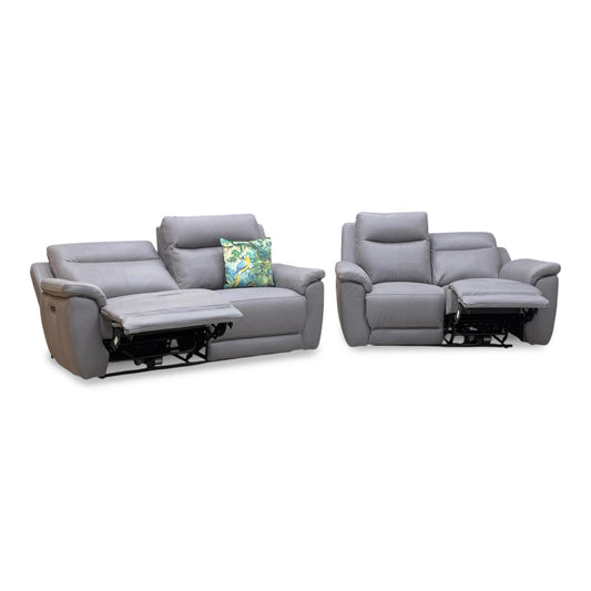 Front view of the 'Bobby Cat' 3+2 seater sofa set in steel grey natural hide leather, featuring a contemporary design with power recliner functionality.