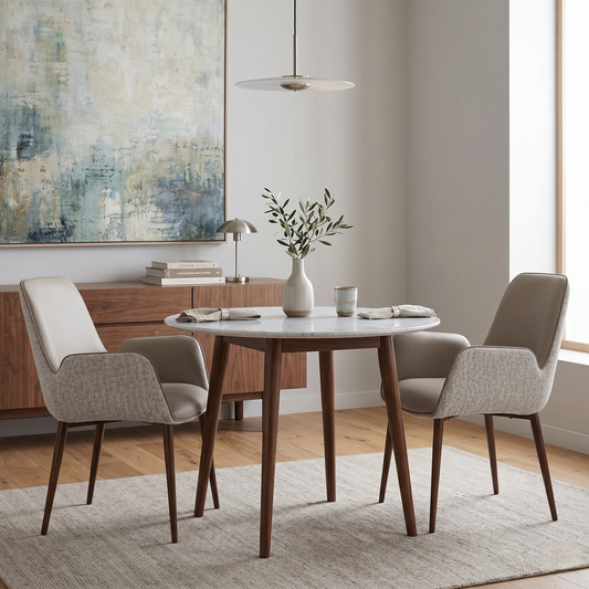 Dining room view for the Vanosa Mocha dining chairs, highlighting the ergonomic curved backrest, durable dual-fabric upholstery, and modern black metal legs.