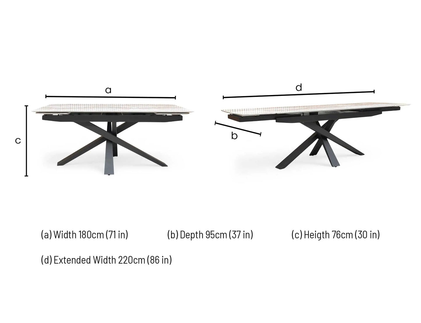 Technical dimension diagram for the Germain Marble Top Extending Dining Table: Width 180cm (extending to 220cm or 260cm), Depth 90cm, Height 76cm.