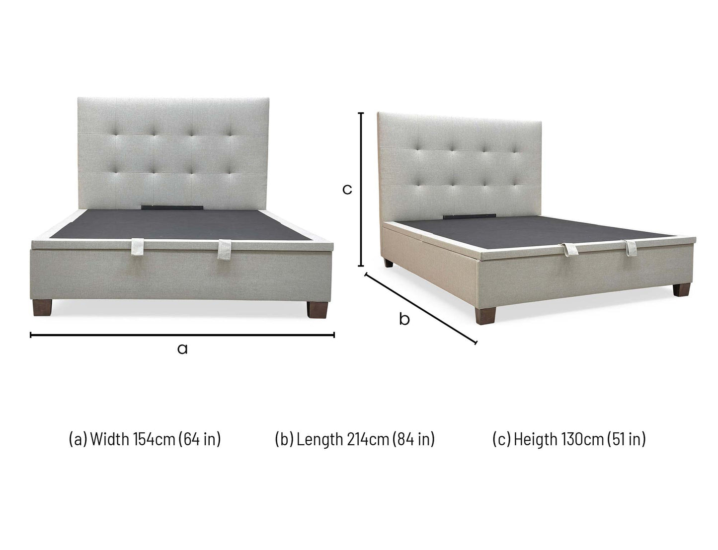 Technical dimension diagram for the Hadley Oatmeal King Ottoman Bed, specifying headboard height, total width, and length.
