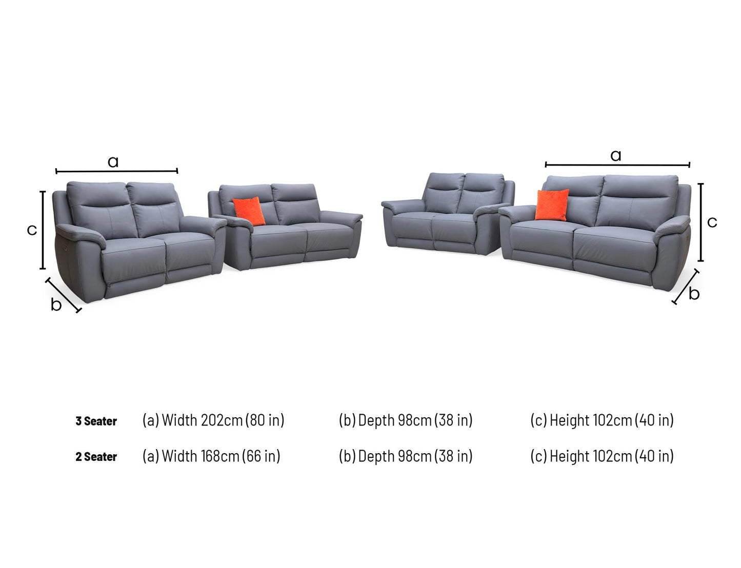 Technical dimension diagram for the Bobby Navy Blue 3-seater and 2-seater set, specifying widths, depths, and heights.