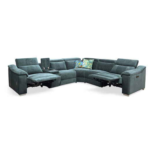 Full view of the Geneva Large Power Recliner Corner Sofa in Forest Green fabric, featuring a media console, Bluetooth speakers, and power headrests.
