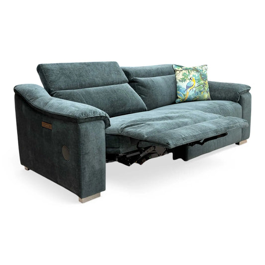 Full view of The Geneva 3-seater power recliner sofa in Forest Green fabric, featuring a high-back design, power headrests, and integrated Bluetooth speakers.