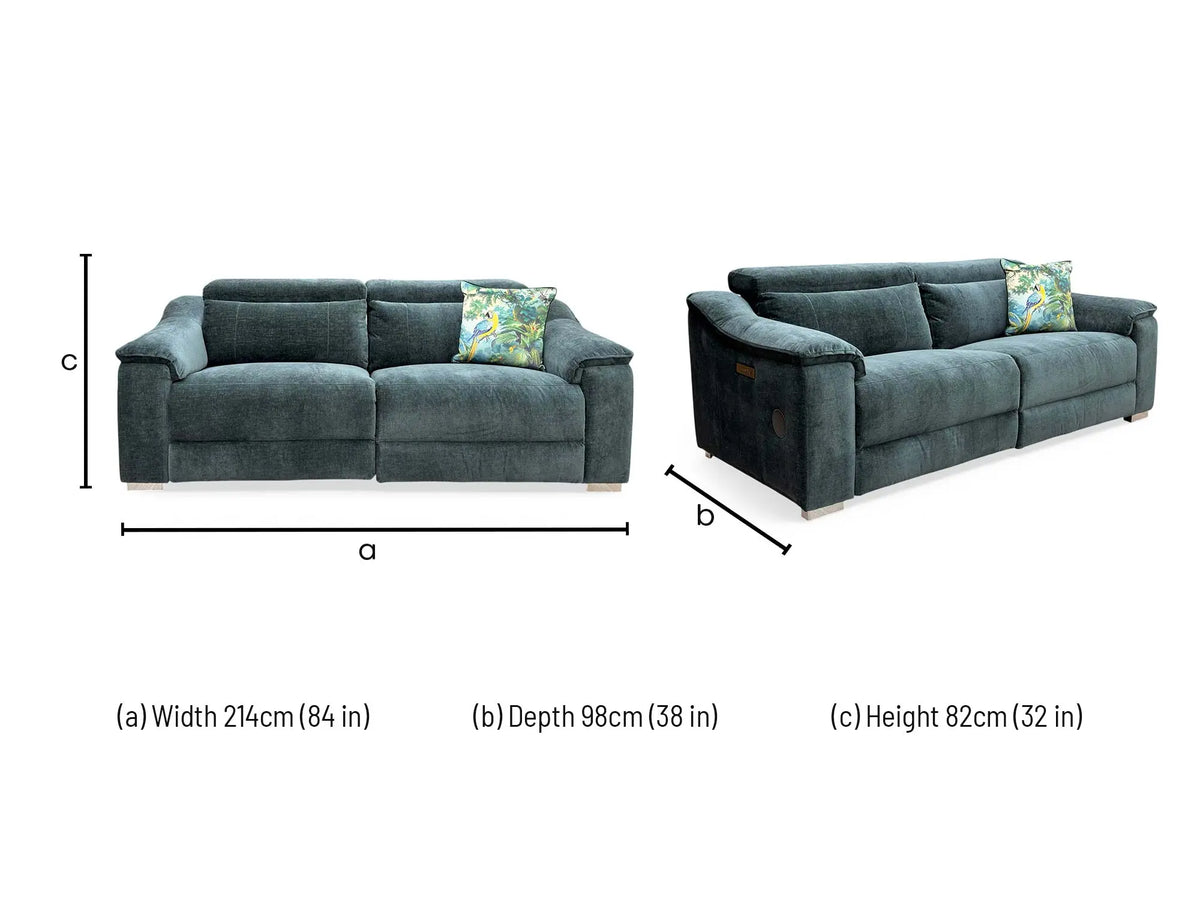 Technical dimensions blueprint and living room space planning floor footprint schematic for the ‘Geneva’ Forest Green Fabric 3 and 2-Seater Power Recliner Sofa Set with Power Headrests and Bluetooth Speakers.