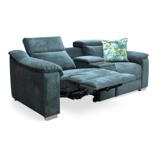 Full view of the Geneva 2-seater media power recliner sofa in Forest Green fabric, featuring a central console with cup holders and power headrests.