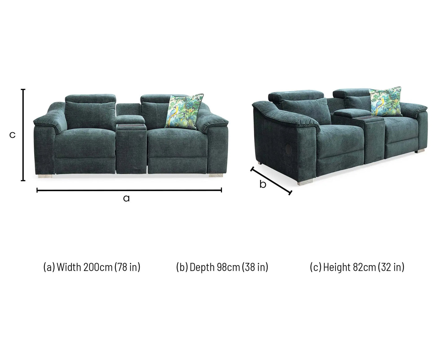 Technical dimensions blueprint and living room space planning floor footprint schematic for the ‘Geneva’ Forest Green Fabric 3 and 2-Seater Power Recliner Sofa Set with Power Headrests and Bluetooth Speakers.