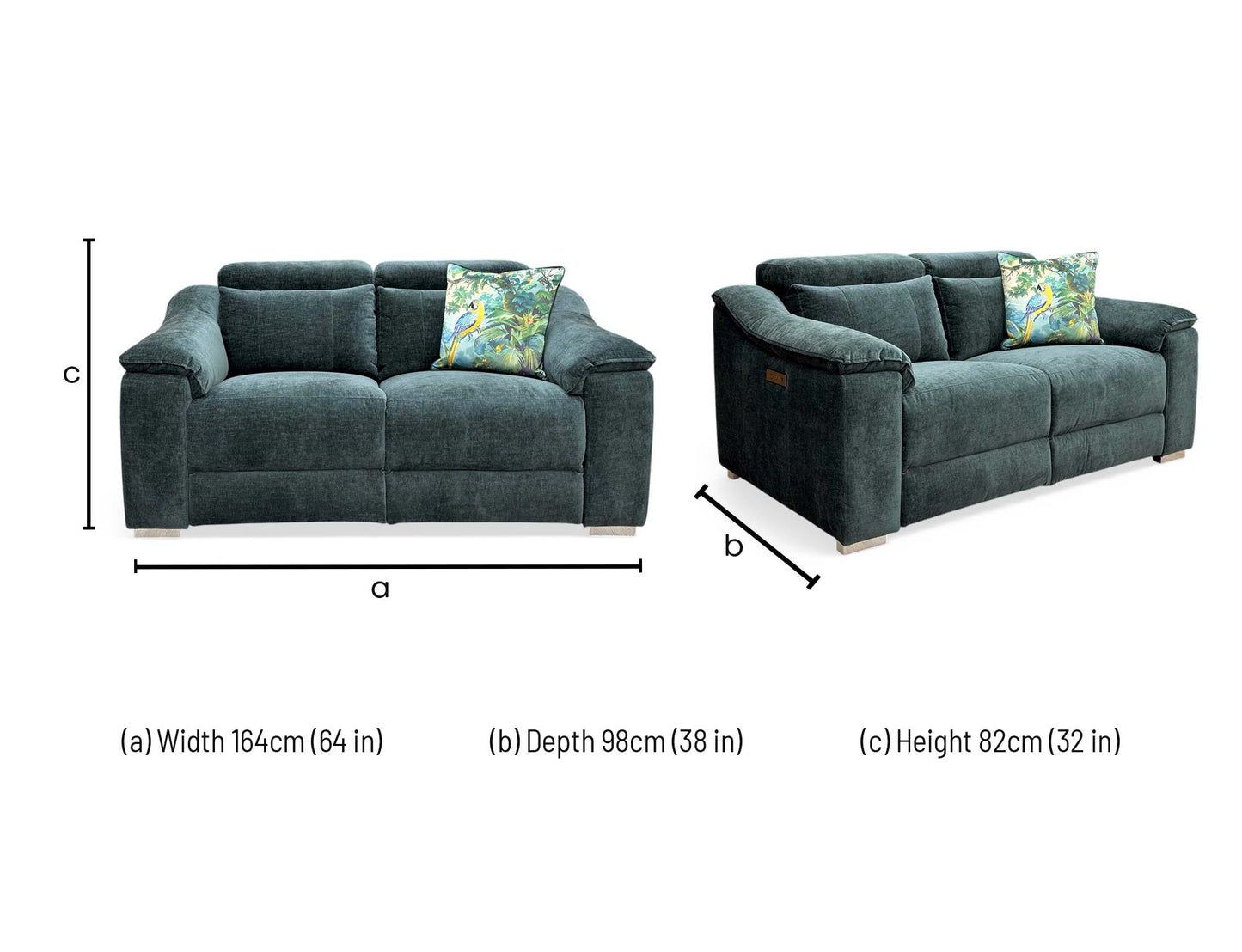 Technical dimension diagram for the Geneva Forest Green 2-Seater Power Recliner, specifying total width, depth, and height.