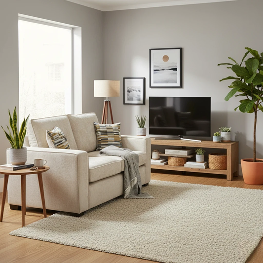 Lifestyle shot of the sofa, showing the soft Kingston Cream fabric and its placement in a modern living space.