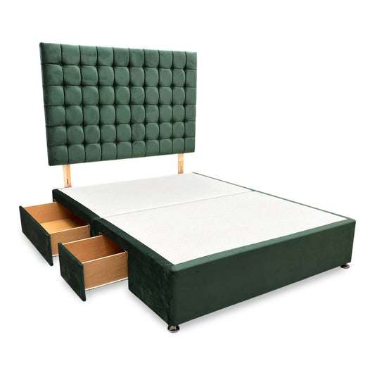 Full View Furniture Village ‘Dice’ king-size divan bed frame, showcasing a plush emerald green velvet headboard and a matching upholstered 4-drawer divan base.