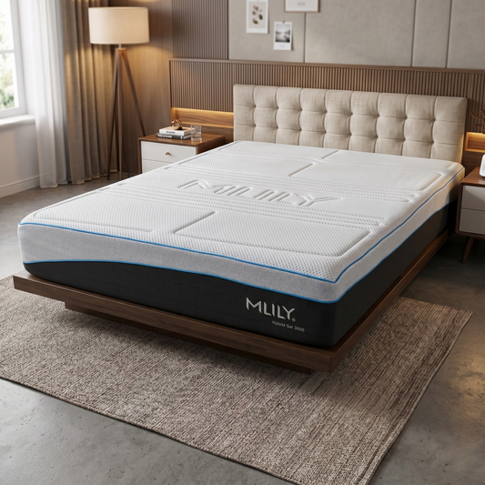 Bedroom view for the MLILY Hybrid Gel 3000, highlighting the 3000 dual-layer pocket springs, cooling gel-memory foam, and its origin as a Manchester United sleep partner product.