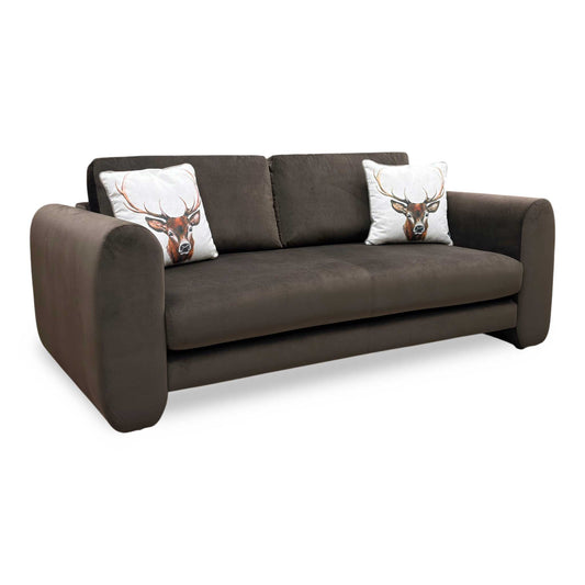 Full View The ‘Maserati’ Stella 3-seater sofa, upholstered in sumptuous, rich brown velvet, showcasing its sleek modern silhouette and generous deep seating design.