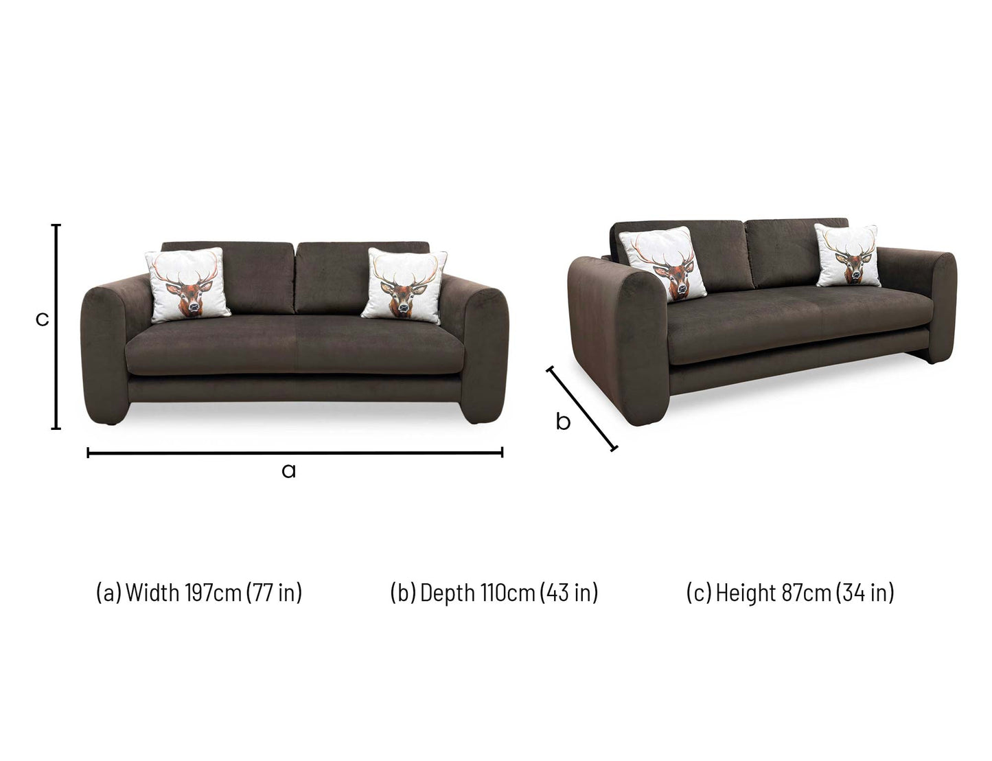 dimensions and specifications for the ‘Maserati’ Stella Brown Velvet 3 Seater Sofa.