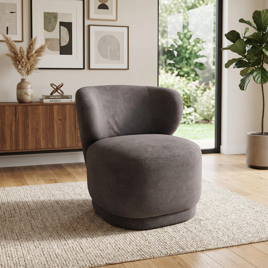 Living Room view of the Mazetti accent chair, showcasing its clean lines, contemporary simple design, and welcoming deep seat cushion.