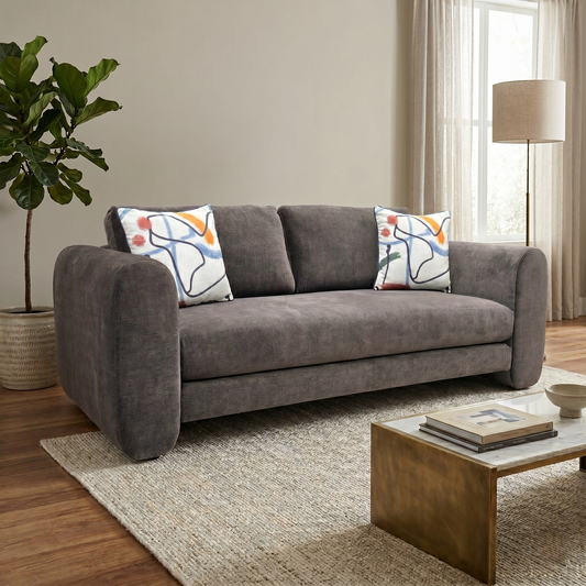 Living room view of the Mazetti 3-seater sofa, highlighting the tactile texture of the dark chocolate brown fabric and generous seating space.
