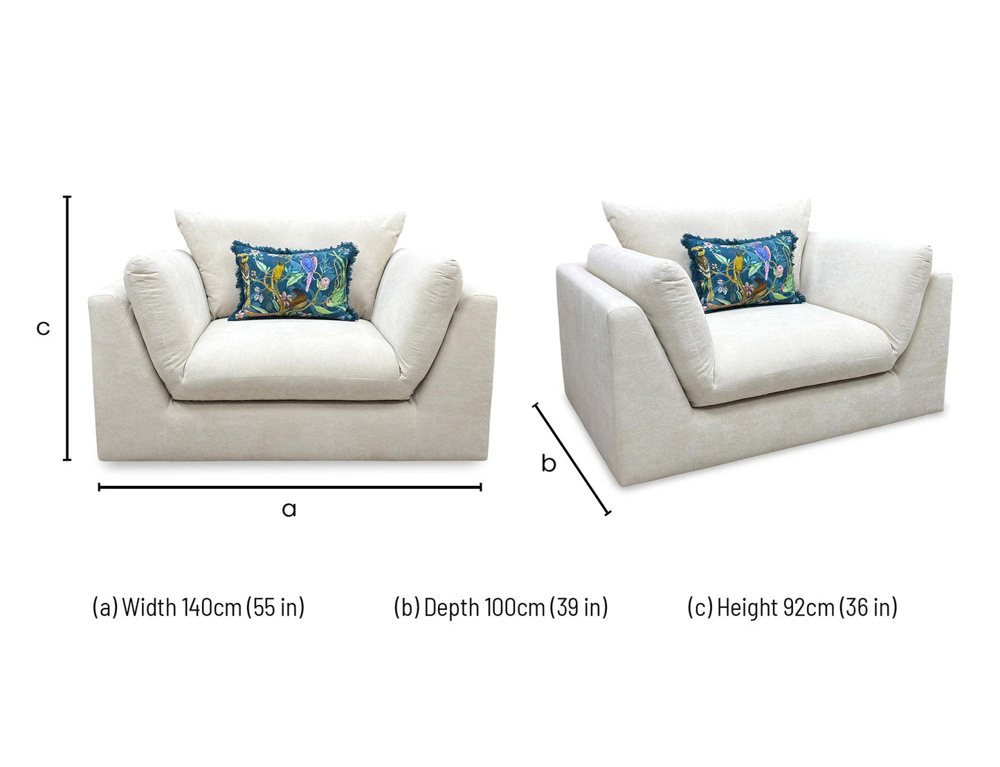 dimensions and structural schematic layout for the DFS ‘Kalista’ Cream Palmero Plain Velvet Cuddler Chair.